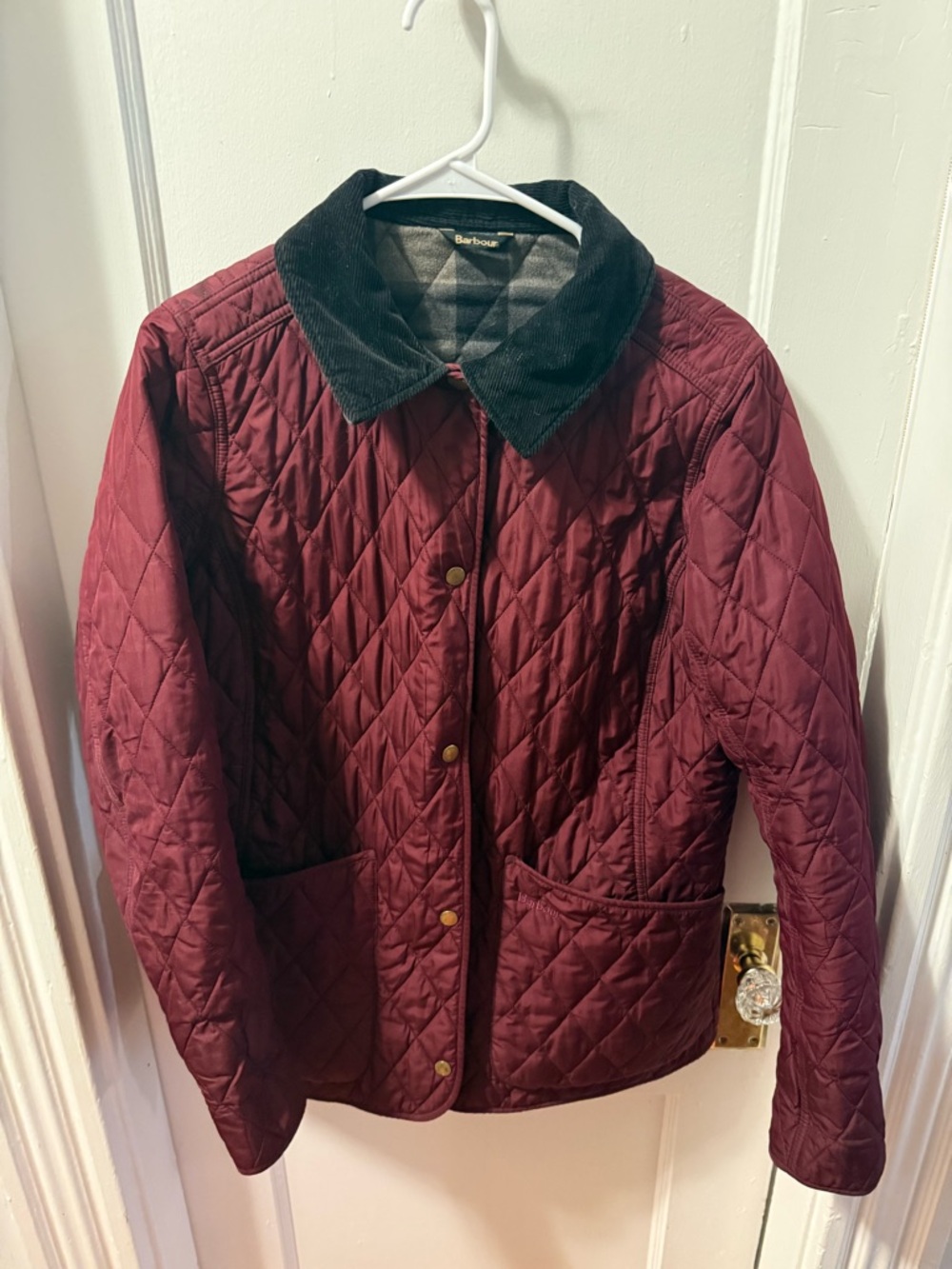 Barbour Women's Quilted Red Jacket with Black Corduroy Collar